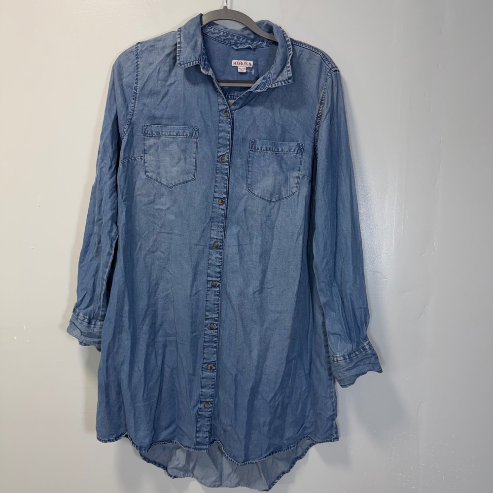 Merona Womens Denim Shirt Dress Blue Long Sleeve Button Front Lyocell XL